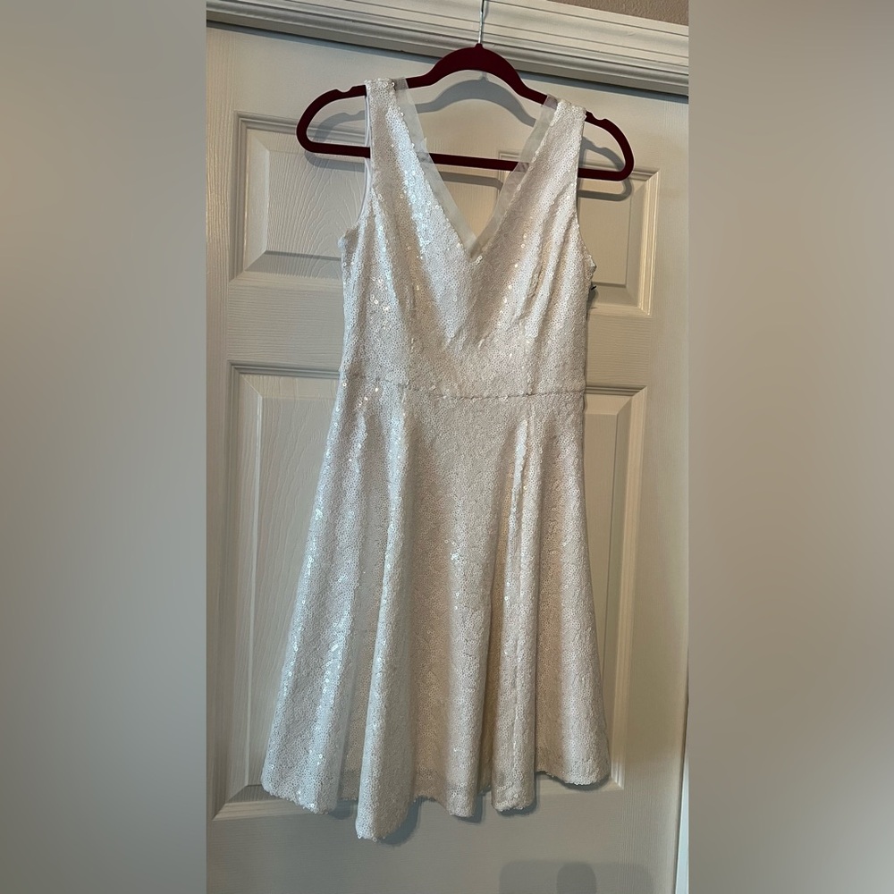 Calvin Klein White Sequin V-Neck A-Line Mini Dress